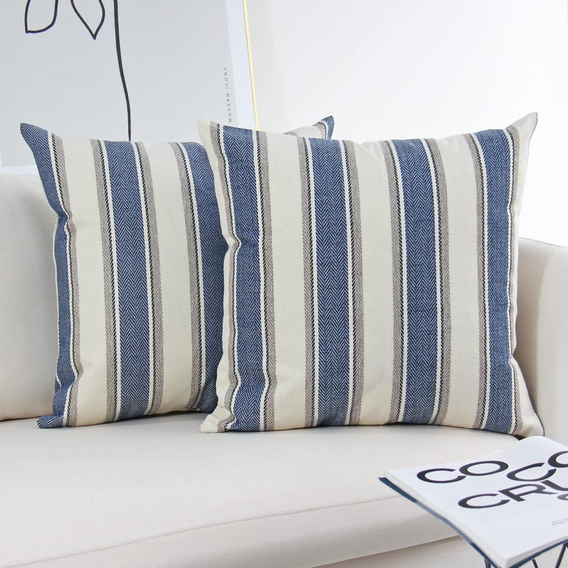 JOJUSIS Stripe Throw Pillow Covers Farmhouse Pillowcases Pack of 2 16 x 16 Inch Blue - Image 1